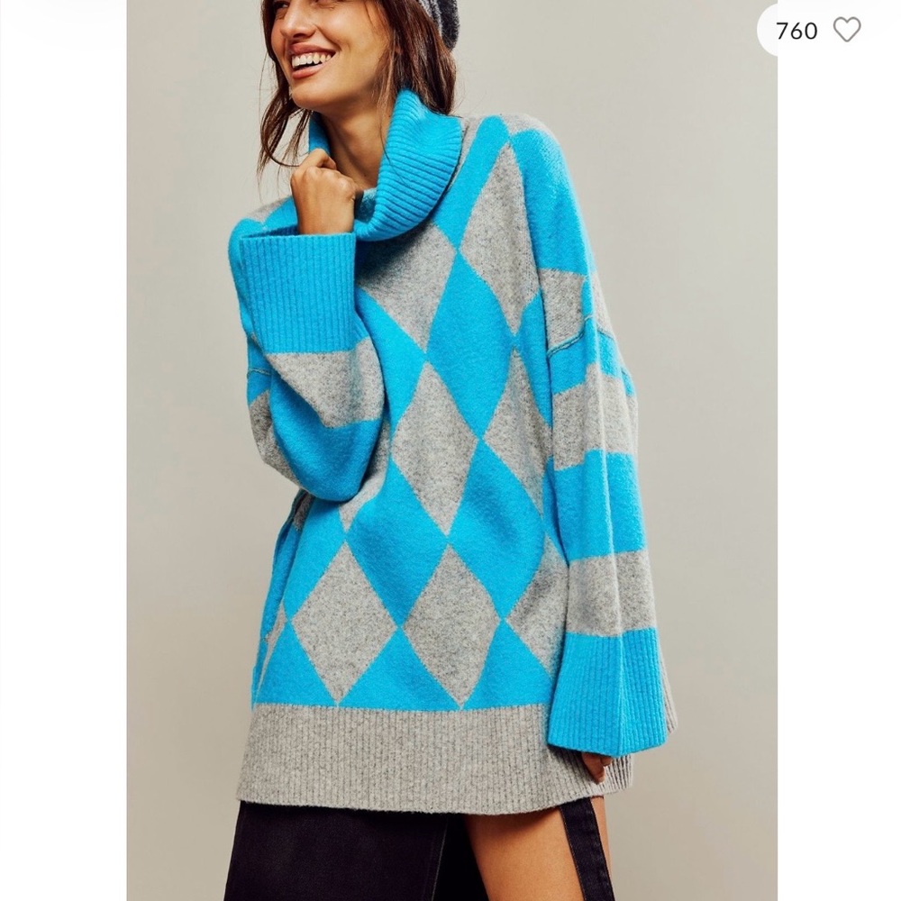 Free People Blue and Gray Argyle Turtleneck Sweater